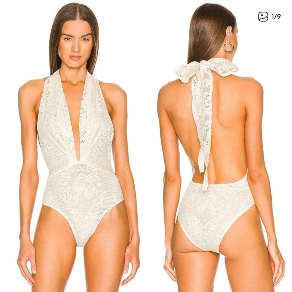 Mes Demoiselles Fanti Deep V Lace Bodysuit Medium White NWT